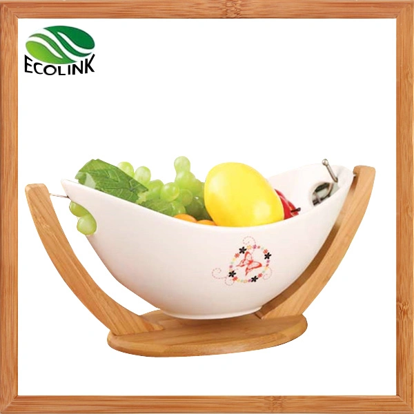 Ceramic Salad Bowl with Bamboo Stand and Fruit Fork