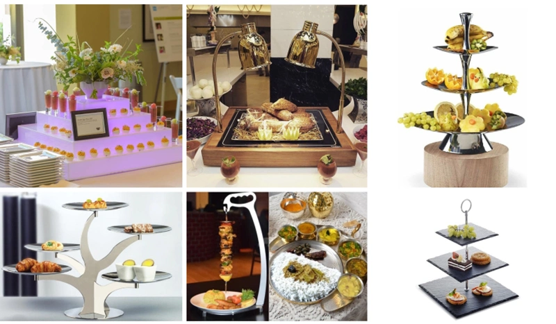 Hotel Restaurant Banquet 4 Tier Shelf Rack Plates Bowls Set Buffet Catering White Serving Food Cake Sanck Dish Salad Ceramic Bowl with Stainless Steel Stand