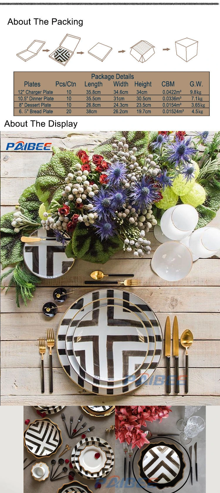 Paibee Cross Road Vintage Dinnerware Ceramic Black and White Fine Bone China Plates Sets